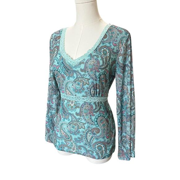VTG Y2K Red Paint Tee Aqua Blue Paisley Pattern Lace Trim Bell Sleeve Fairy Top - Picture 4 of 8